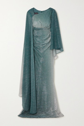 Talbot Runhof - Asymmetric Cape-effect Metallic Voile Gown - Blue - US14