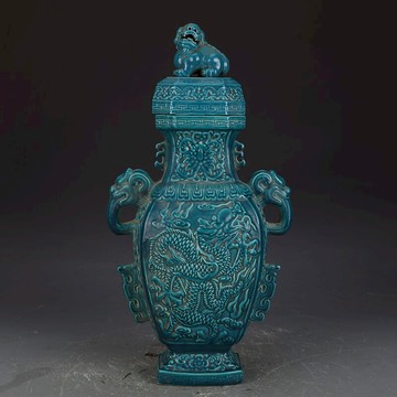 大清乾隆綠釉雕刻龍蓋罐古董古玩收藏真品老物件仿古瓷器擺件
