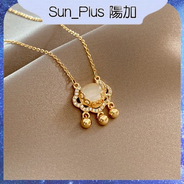 Sun_Plus 台灣現貨 S10 平安鎖長命鎖貓眼石項鍊 輕奢小眾女簡約百搭鈴鐺吊墜 貓眼石 項鍊 吊墜 飾品 平安