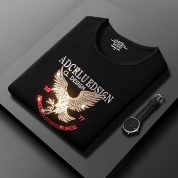 2024年夏季男士t恤短袖冰絲滑料胖子重工老鷹翅膀鐳射燙鉆歐貨男