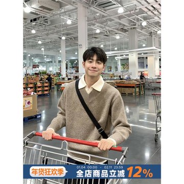 假兩件翻領羊毛毛衣男2025新款秋冬季加厚慵懶風男款內搭針織衫