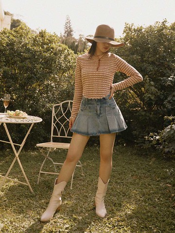 棉質牛仔修身百褶短裙