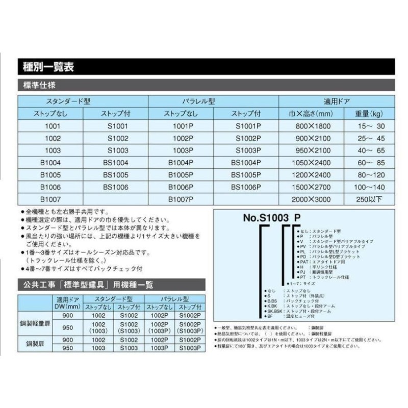 リョービ ドアクローザー S1003 シルバー（スタンダード型・ストップ付