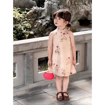 童裝小女孩中國風旗袍裙2023夏款女童寶寶洋氣中式復古掛脖連衣裙