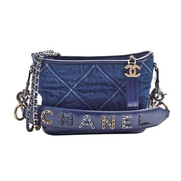 CHANEL 經典菱格紋GABRIELLE復古丹寧金銀字母背帶手提/斜背HOBO包(小-丹寧藍)