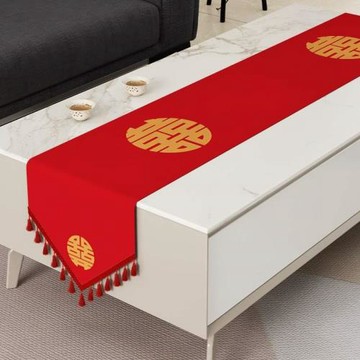 結婚紅色客廳茶幾桌旗餐桌電視柜長條喜慶氛圍感裝飾布置茶席