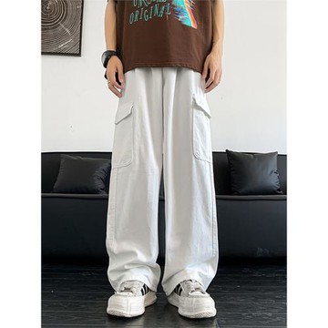 日系白色工裝褲男2024春秋潮牌ins寬松大碼闊腿休閑直筒伐木褲子