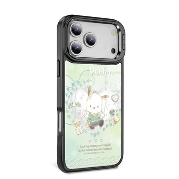 iPhone全系列軍規防摔合金框隱形立架鏡面磁吸殼-甜心帕恰狗-黑框