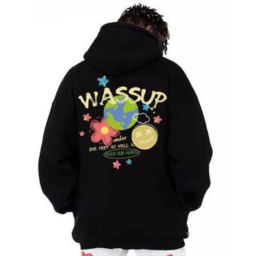 WASSUP美式高街潮牌涂鴉印花重磅衛衣男女生情侶春秋季連帽衫外套