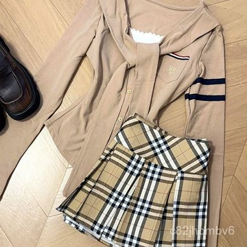 格紋百褶裙設計感套裝女上衣T恤長袖春季高腰學院風韓版係帶拚接夏天套裝 日系女裝 韓國女裝 時尚套裝 正韓貨女裝 顯瘦套裝