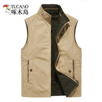 啄木鳥雙面穿純棉馬甲男春秋戶外立領坎肩外套中老年外穿背心馬夾