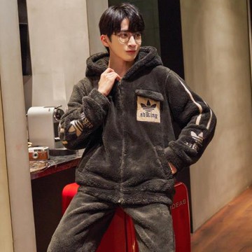 珊瑚絨睡衣男士冬季加厚加絨保暖寬松法蘭絨秋冬款家居服拉鏈套裝