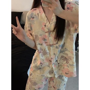 復古風高級感睡衣女款夏季短袖長褲新中式甜美套裝夏日薄款家居服