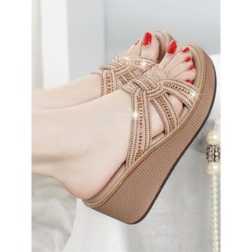 百麗純愛夏季新款商場同款時尚休閑一字拖水鉆高跟坡跟輕底女拖鞋