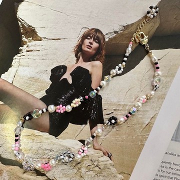 【熱賣】水晶 開花 玻璃珠 淡水珍珠手工項鍊 | Y2K 千禧風飾物