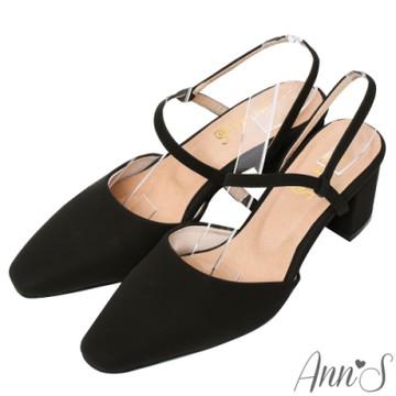 Ann’S霧感柔情-顯瘦腳背斜帶拉帶粗跟方頭跟鞋-黑
