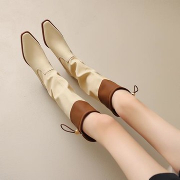 KAKY時尚真皮尖頭粗跟騎士靴女甜酷風真皮堆堆靴2025年新款長靴子