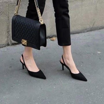 高跟鞋女細跟黑色百搭5厘米小清新中空一字扣帶法式尖頭女單鞋子