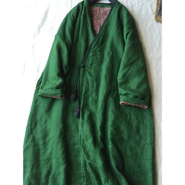 靜家 春款寬松復古一粒扣純亞麻綠色棉衣外套棉袍外披