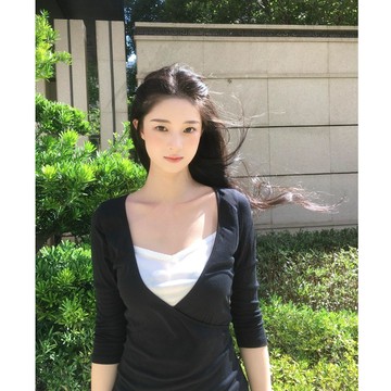 【PRPN】女生衣服 打底衣 七分袖 假兩件上衣 修身t恤 拼接 設計感上衣