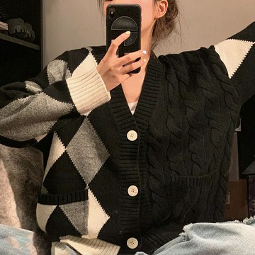 纖婕芙菱格毛衣女2022秋季新款復古日系慵懶高級感針織開衫外套潮