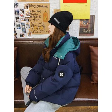 藍色拼接短款羽絨棉衣棉服女冬2025新款小個子加厚面包服棉襖外套