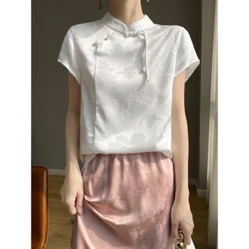 中式國風盤扣提花襯衫緞面禪意旗袍上衣立領套頭襯衣真絲短袖T恤