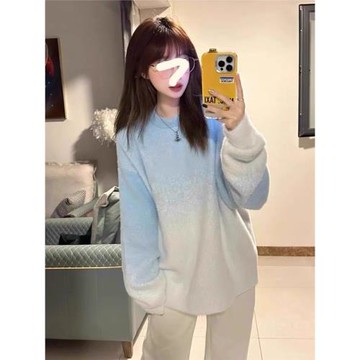 仿水貂絨漸變套頭毛衣女秋冬季新款寬松小眾慵懶風圓領針織衫上衣