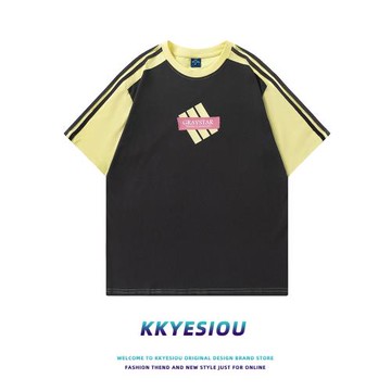 KKyesiou美式復古潮牌三條杠撞色短袖T恤男女oversize情侶y2k上衣