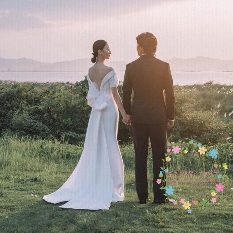 ウェディングドレス結婚式披露宴二次会前撮りパーティーサテン袖あり