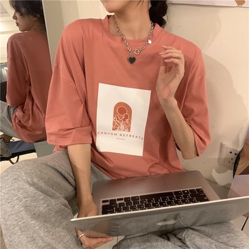 復古vintage正肩短袖t恤女新款夏寬松ins原宿風半袖上衣