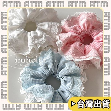 🔥臺灣出貨🔥可開發票✅輕飾時光重工手作奶藍格子愛心花邊四層大腸髮圈甜美芭蕾風丸子頭髮繩新款