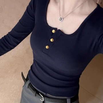 純欲辣妹設計感長袖T恤女秋冬內搭緊身德絨方領上衣