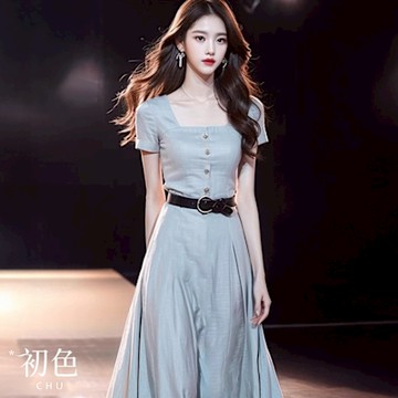 初色 法式方領領扣裝飾收腰顯瘦褶皺短袖連身裙洋裝-藍色-12893(M-XL可選)