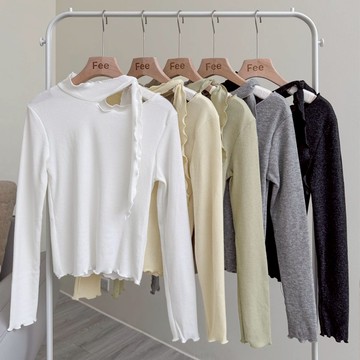 【Fee隔日到貨5色】心機繞脖木耳針織上衣🔥長袖 針織 薄長袖 設計感上衣 秋裝 日系上衣 高級感上衣 木耳邊上衣