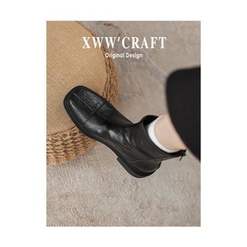 真皮版！黑色顯腳小瘦瘦靴女2025新款英倫風方頭馬丁靴低跟單靴女