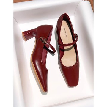 法式復古瑪麗珍女鞋2025春秋新款方頭淺口高跟鞋酒紅色粗跟單鞋