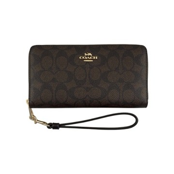 [平輸版] 【COACH】 胡桃木/黑C LOGO壓PVC手掛拉鍊長夾 真品平輸