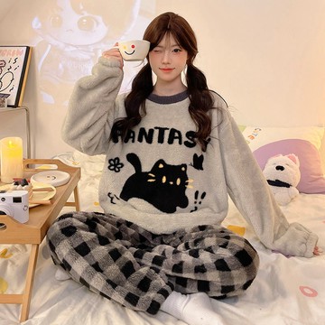 睡衣 家居服 可外穿 冬天睡衣 保暖睡衣 睡衣套裝 法蘭絨睡衣女秋冬季甜美卡通套裝冬天加絨加厚款珊瑚絨保暖家居服
