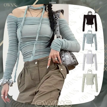 🥀旺斯女孩🥀綁脖多皺長袖上衣女一字領上衣皺褶上衣黑色白色藍色綠色短版上衣長袖辣妹上衣歐美