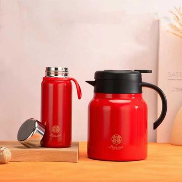 麥得豐保溫杯大紅色悶茶壺套裝喜結良緣隨手禮喜慶老白茶悶泡杯