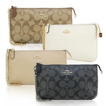 COACH 馬車緹花LOGO/素面防刮皮革金屬鍊帶手拿包(多色選)