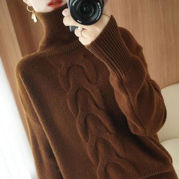 2023秋冬高領羊絨衫女寬松扭花長袖針織毛衣加厚慵懶風羊毛打底衫
