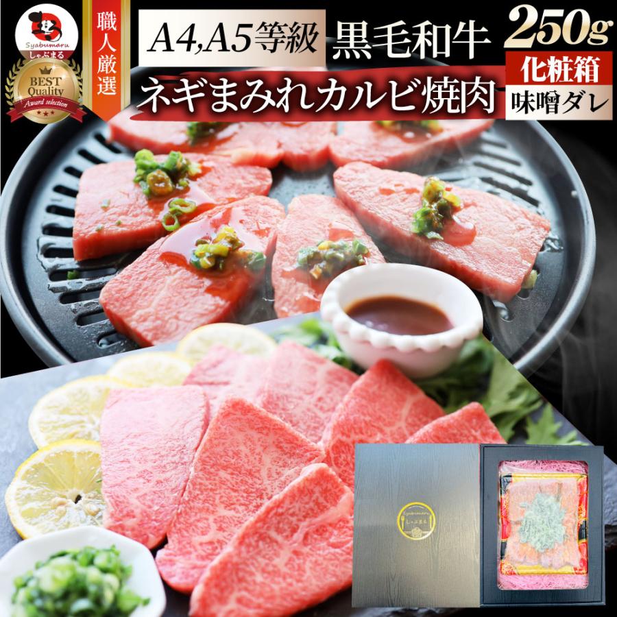 A4,A5等級 特選 黒毛和牛 カルビ焼肉 250g  ねぎまみれ 旨辛味噌ダレ ギフトボックス付 牛肉 肉 お歳暮 ギフト 食品 お祝い  霜降り 贅沢 黒毛 和牛