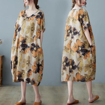 小菲家~2024夏季胖MM棉麻短袖連衣裙女復古文藝遮肉V領印花中長裙