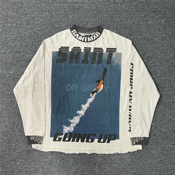 SAINT Mxxxxxx GOING"L/S 飛機起飛墜落水洗做舊小高領長袖T恤TEE