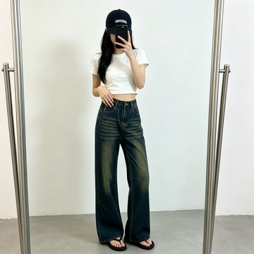 🔥闆娘實拍🔥48H出貨 美式復古中高腰直筒牛仔褲女 顯瘦長褲 大尺碼褲子 寬鬆闊腿褲 水洗牛仔褲 小個子長褲 牛仔寬褲子
