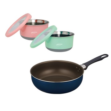 【THERMOS膳魔師】單柄深煎鍋24cm+【THERMOcafe' 凱菲】隔溫碗1200ml*2優惠組