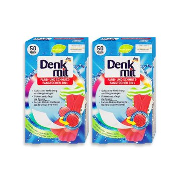(2盒100片超值組)德國DM(Denkmit)-強效護色除塵防串染拋棄式洗衣防染色片50片/盒(白衣彩衣皆適用,深淺衣物混洗防染魔布,網狀結構吸色紙,衣物防褪色巾)