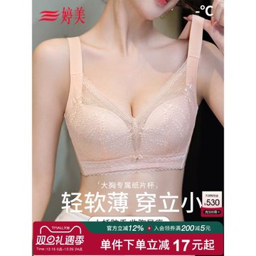 婷美新款薄款紙片杯大胸顯小內衣大碼調整型收副乳無鋼圈蕾絲文胸